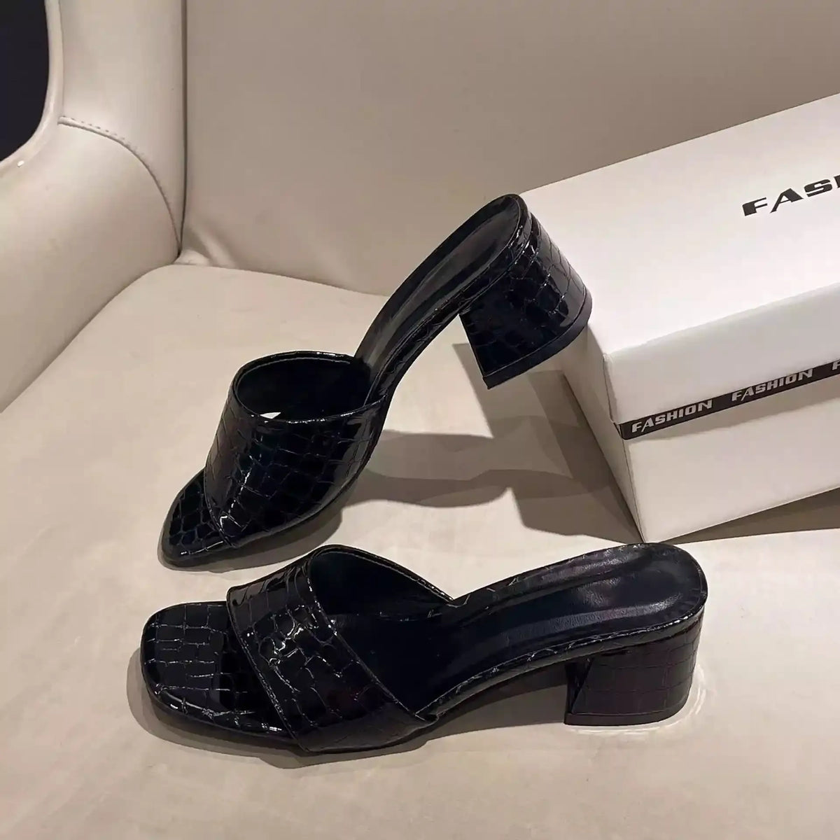 Midnight Luxe Croc Mule open Toe Block Heels