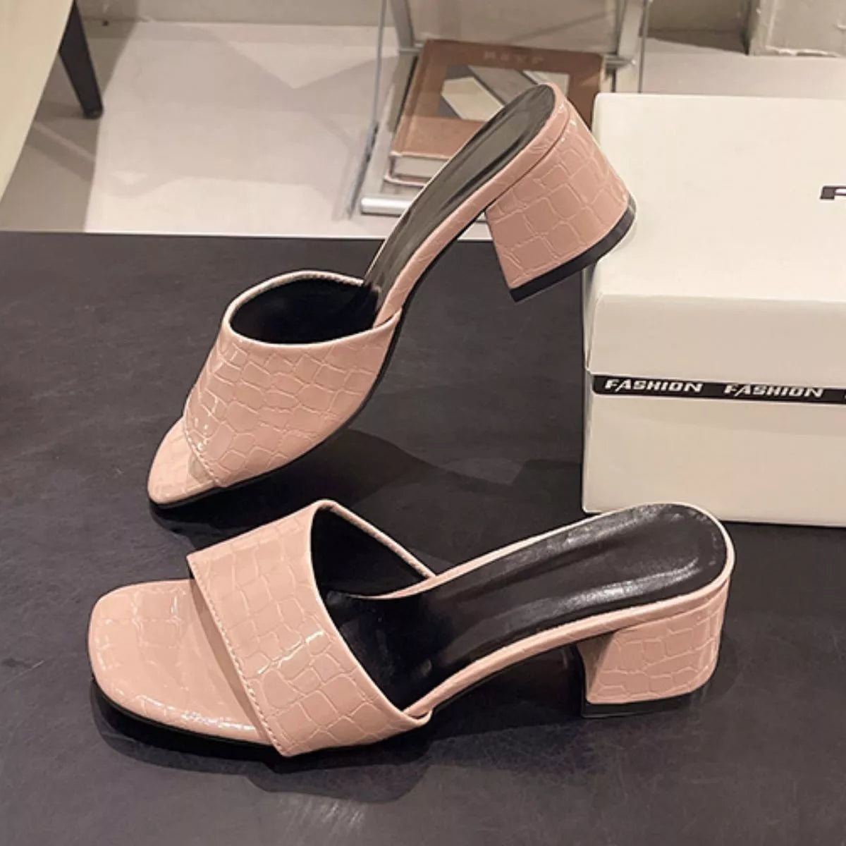 Midnight Luxe Croc Mule open Toe Block Heels
