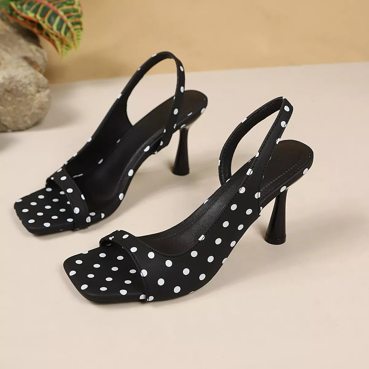 Midnight Muse Polka Sling Open Toe Flare Heels Sandals