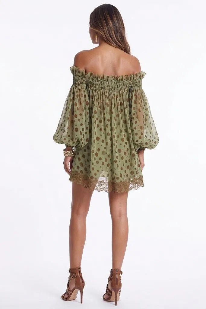 Mosslight Off-Shoulder Sheer Polka Dot Mini Dress