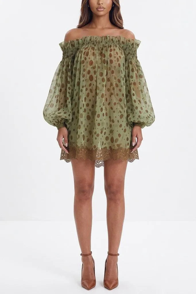 Mosslight Off-Shoulder Sheer Polka Dot Mini Dress