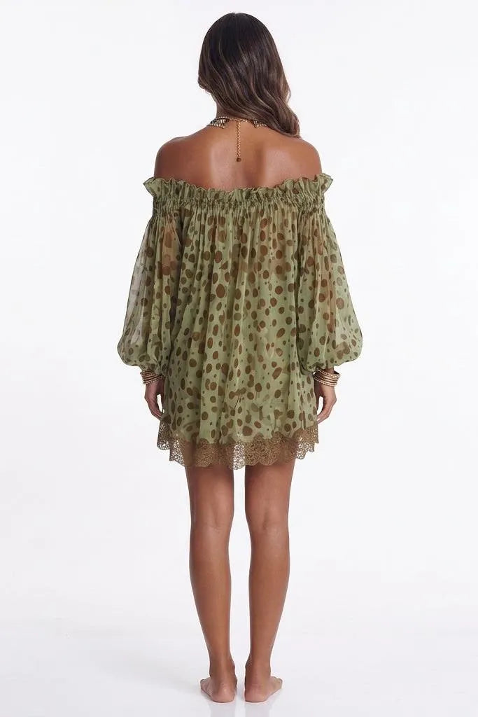 Mosslight Off-Shoulder Sheer Polka Dot Mini Dress