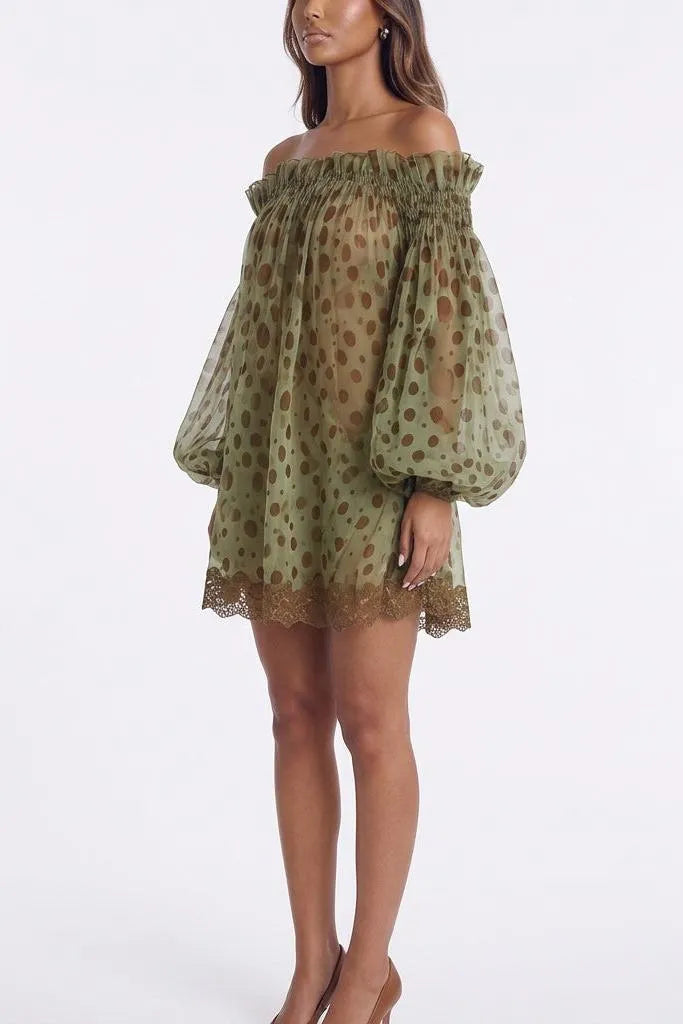 Mosslight Off-Shoulder Sheer Polka Dot Mini Dress