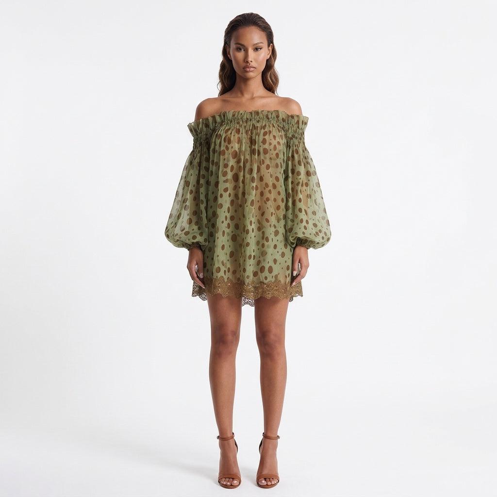 Mosslight Off-Shoulder Sheer Polka Dot Mini Dress