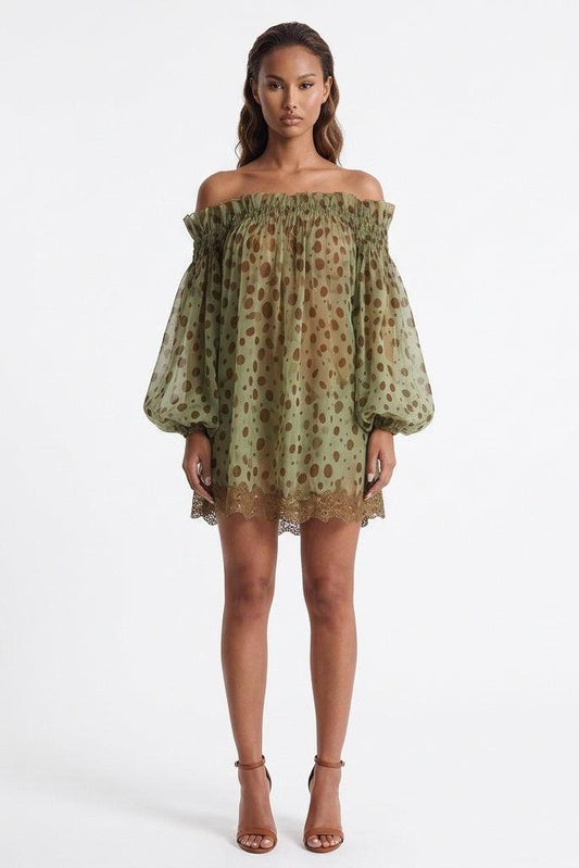 Mosslight Off-Shoulder Sheer Polka Dot Mini Dress