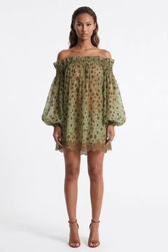 Mosslight Off-Shoulder Sheer Polka Dot Mini Dress