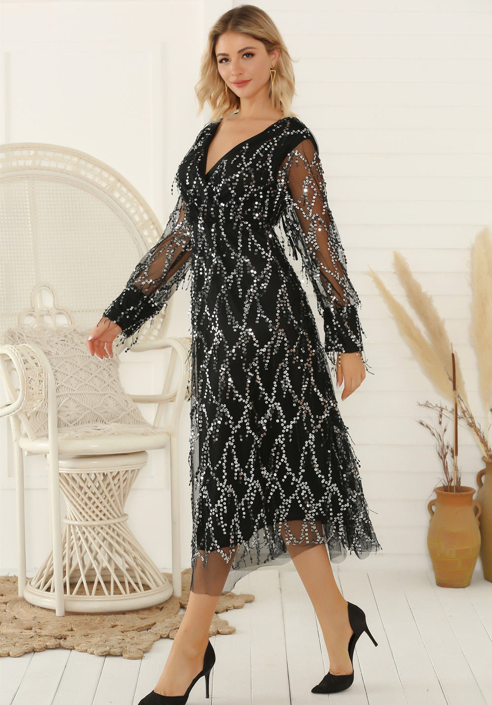 Robe glamour à franges et sequins Midnight Reverie
