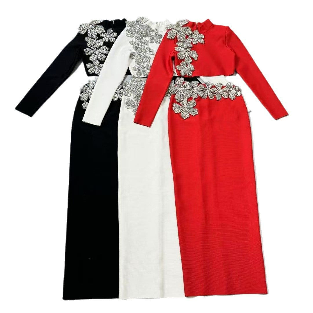 Luxe Floral Appliqué Long Sleeve Two-Piece Skirt Set