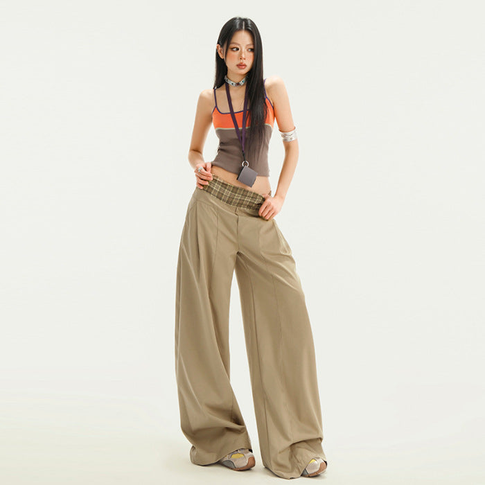 Streetwear Plaid Contrast Wide-Leg Trousers