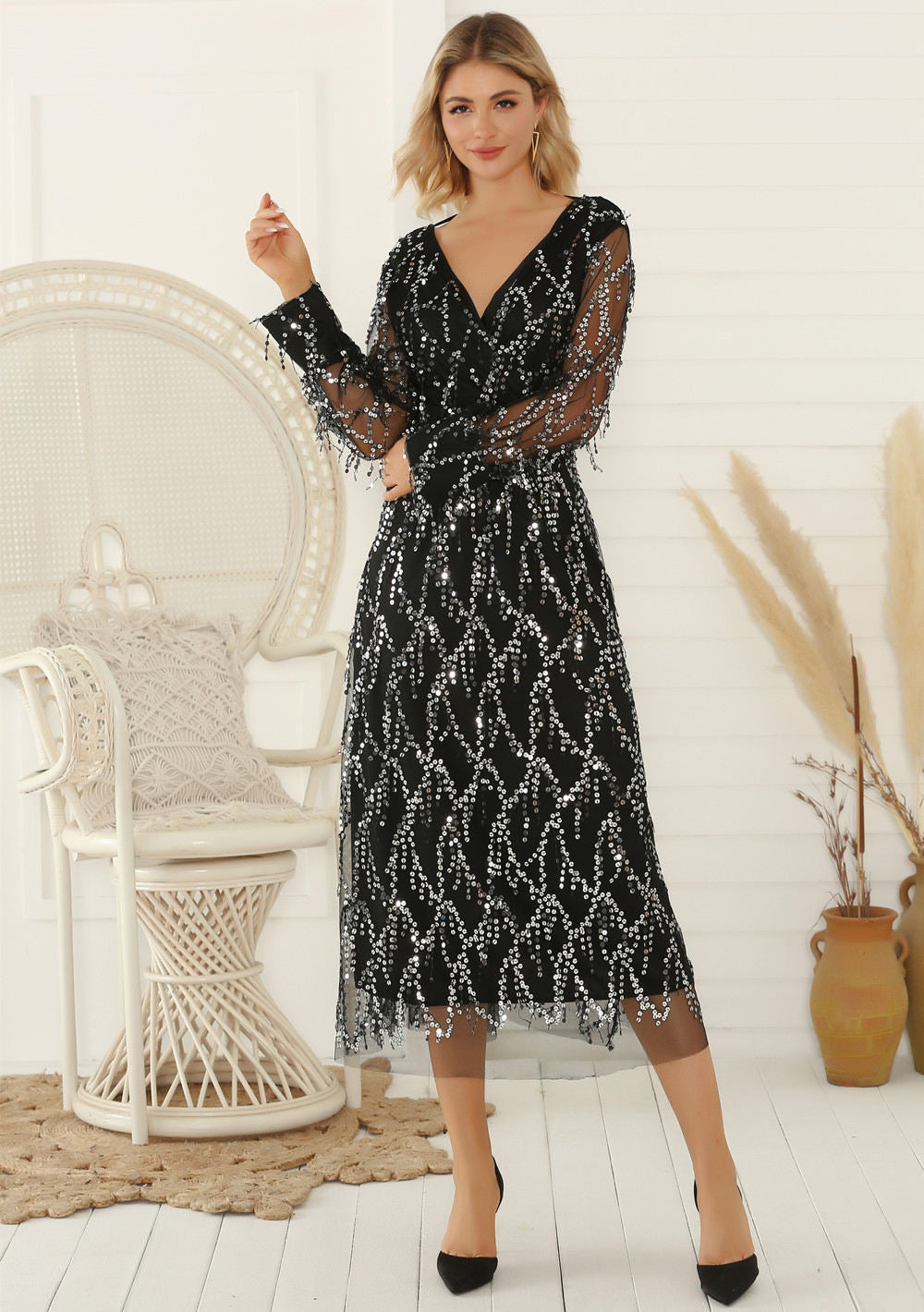 Robe glamour à franges et sequins Midnight Reverie