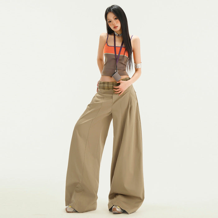 Streetwear Plaid Contrast Wide-Leg Trousers