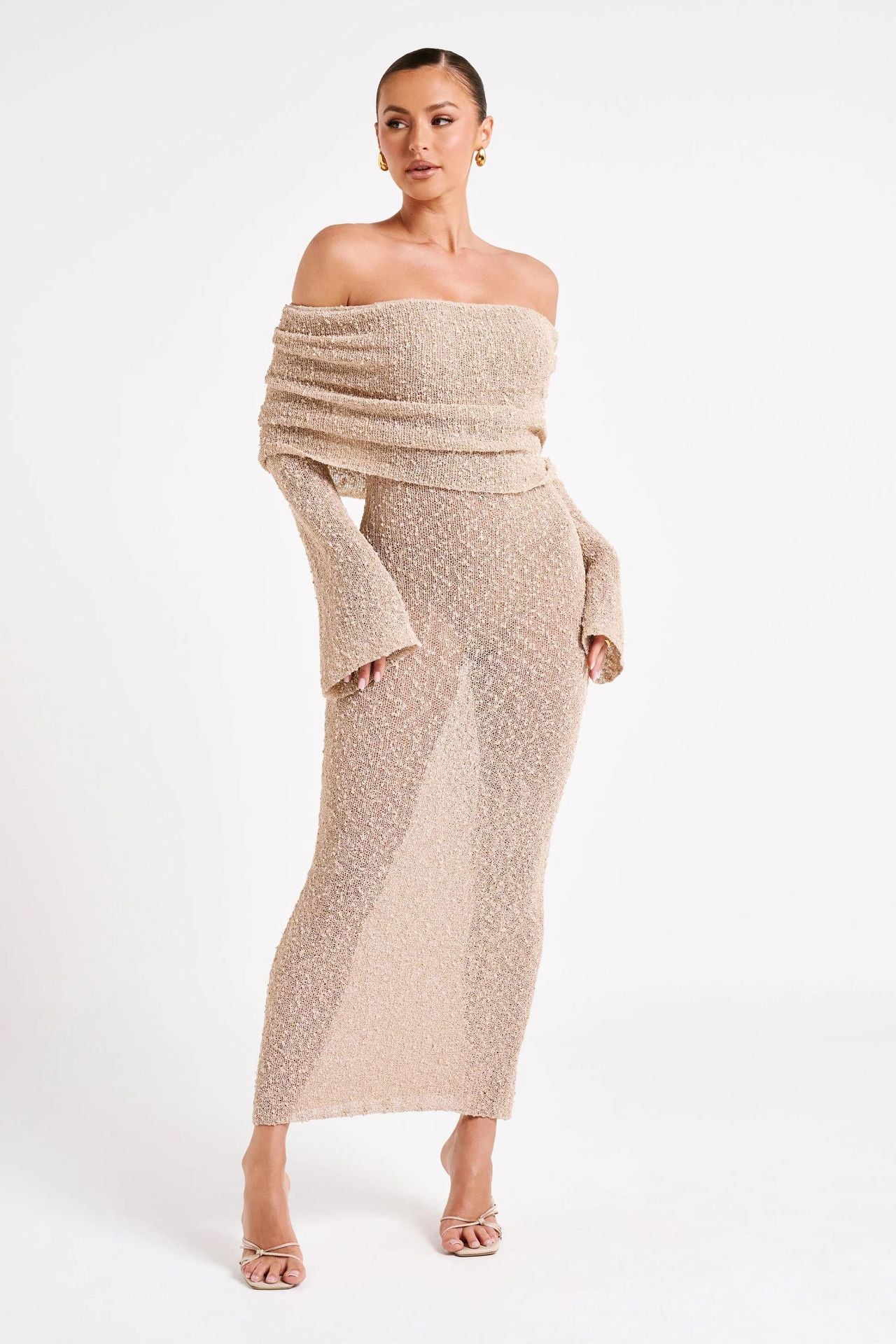 One-Shoulder Knitted Maxi Dress -Chic Long-Sleeve Beach Holiday Dress