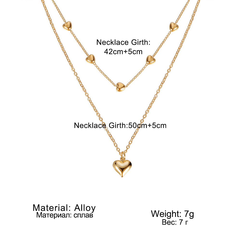 Double-Layer Heart Pendant Fine Chain Necklace for Women - Gold Color Multilayer Metal Fashion Jewelry