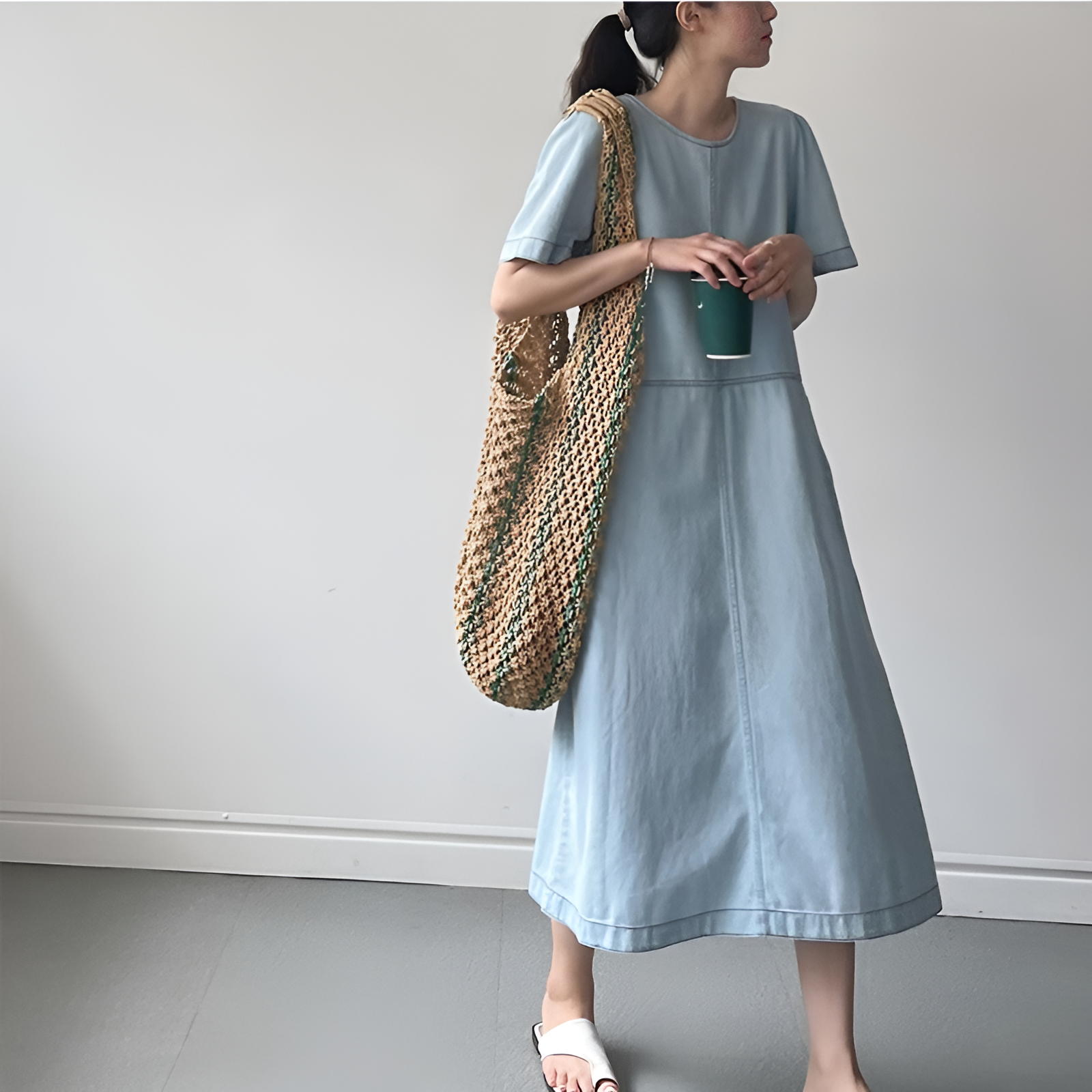 Lucia Retro Charm Princess Sleeve A-Line Denim Dress