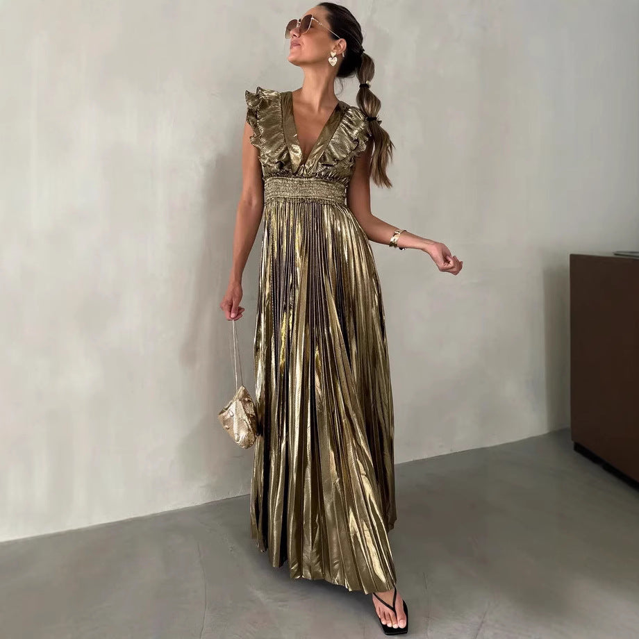 Robe d'été sexy plissée à col en V pour femme