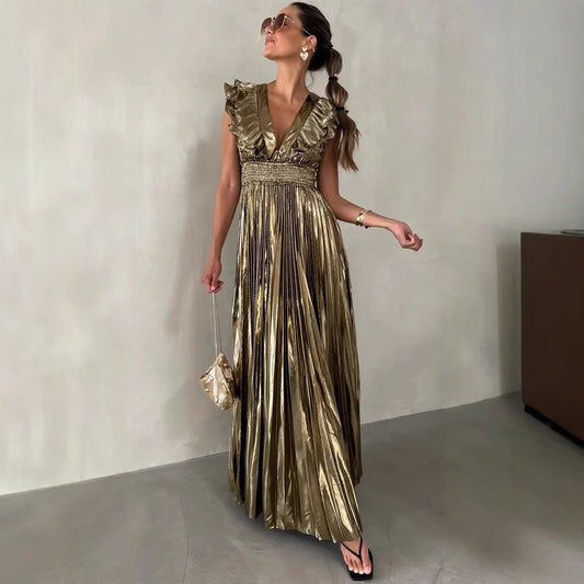 Summer New Women's Pleated Sexy V-neck Waist Dress