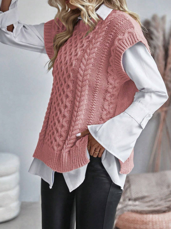 Haut en tricot torsadé sans manches à col rond 