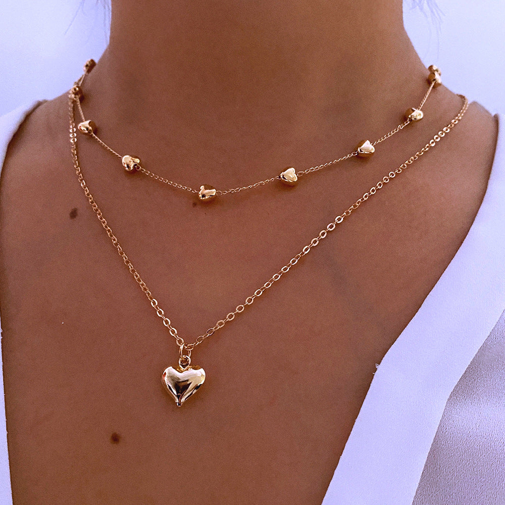 Double-Layer Heart Pendant Fine Chain Necklace for Women - Gold Color Multilayer Metal Fashion Jewelry