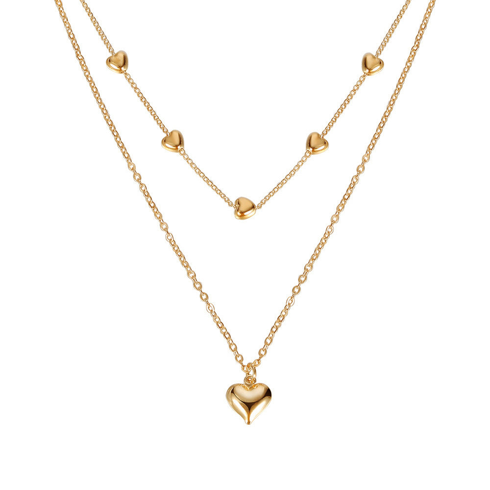 Double-Layer Heart Pendant Fine Chain Necklace for Women - Gold Color Multilayer Metal Fashion Jewelry