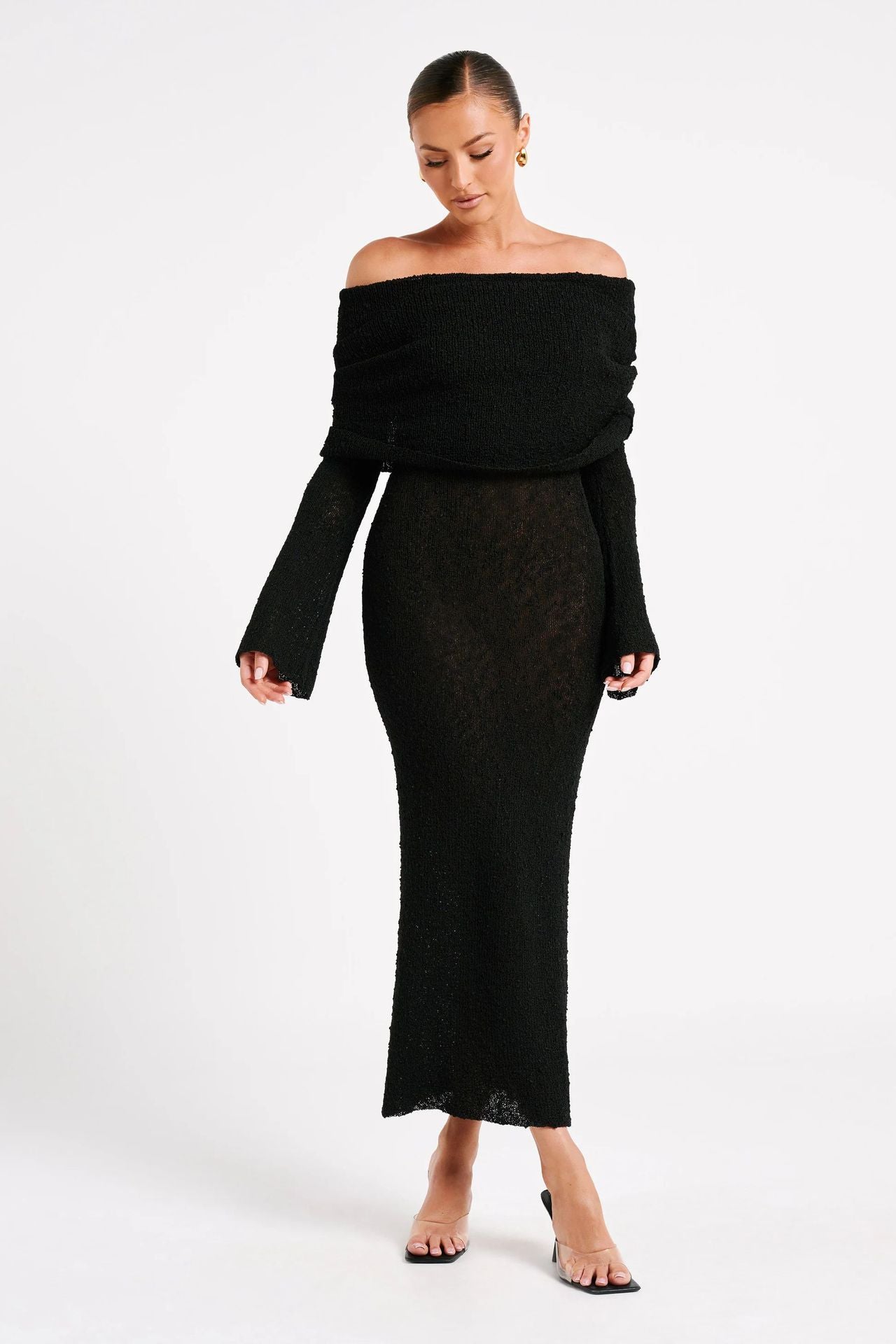 One-Shoulder Knitted Maxi Dress -Chic Long-Sleeve Beach Holiday Dress