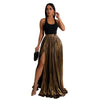 Matilda Metallic High-Slit Pleated Maxi Skirt