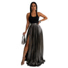 Matilda Metallic High-Slit Pleated Maxi Skirt