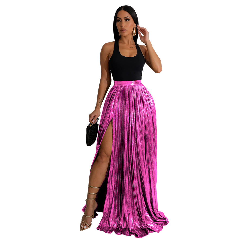 Matilda Metallic High-Slit Pleated Maxi Skirt