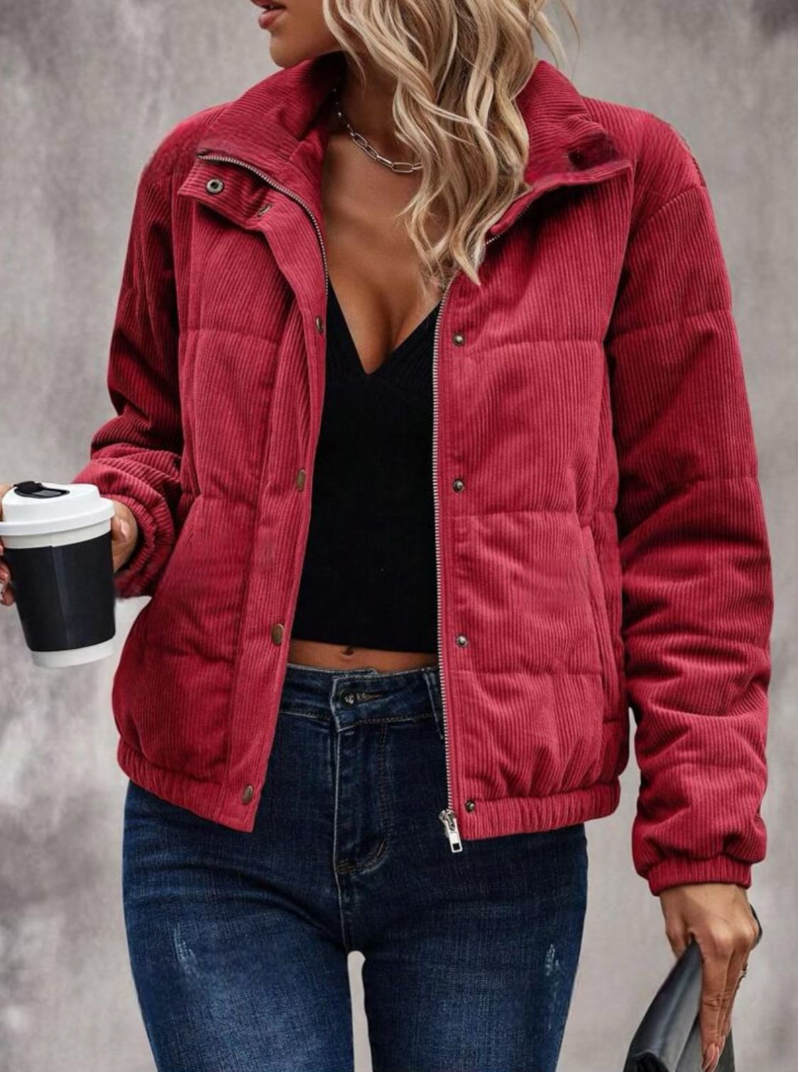 Veste courte en coton pour femme – Manteau à col roulé et manches longues