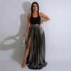Matilda Metallic High-Slit Pleated Maxi Skirt