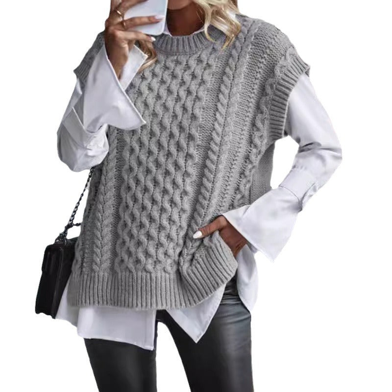 Haut en tricot torsadé sans manches à col rond 