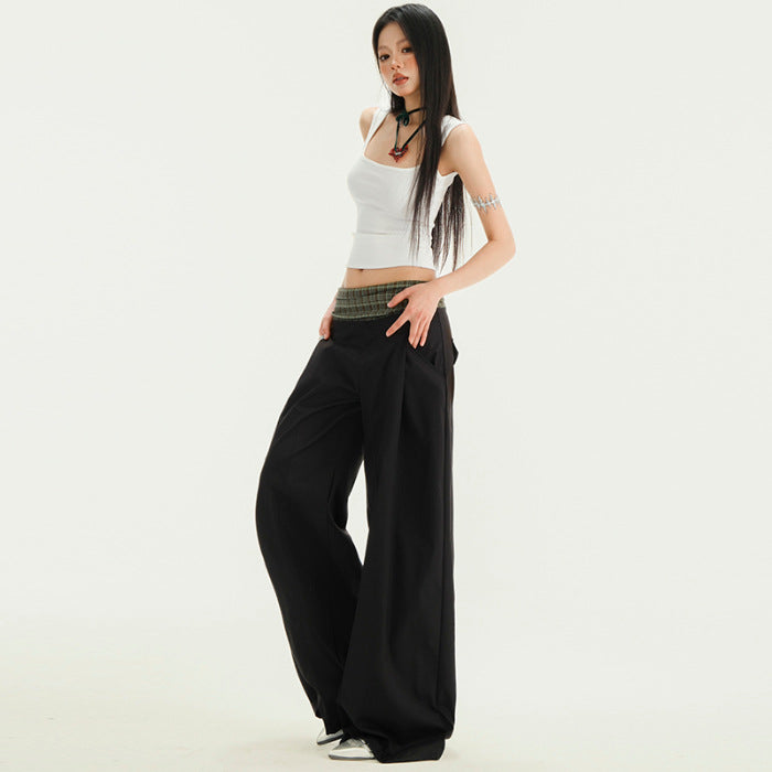 Streetwear Plaid Contrast Wide-Leg Trousers