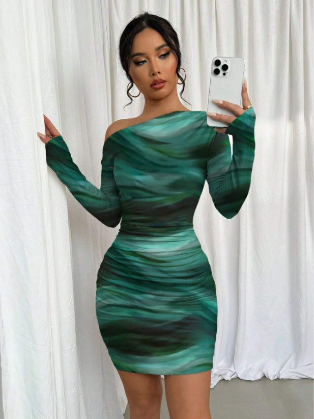 Sunset Haze Diagonal-Neck Dress