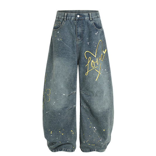 Graffiti Love Print Wide Leg Denim Pants