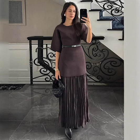 Cocoa Bloom Belted Patchwork Maxi"