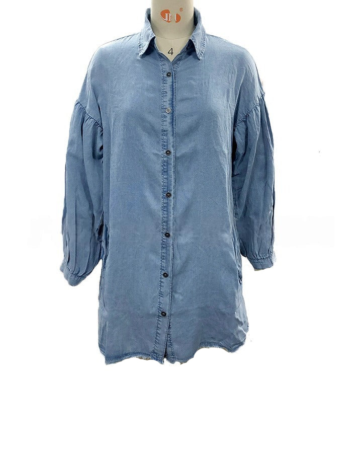 Vintage-Inspired Loose Denim Dress with Lantern Sleeves