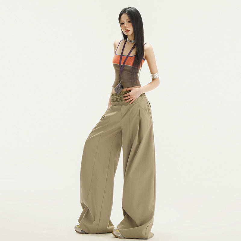 Streetwear Plaid Contrast Wide-Leg Trousers