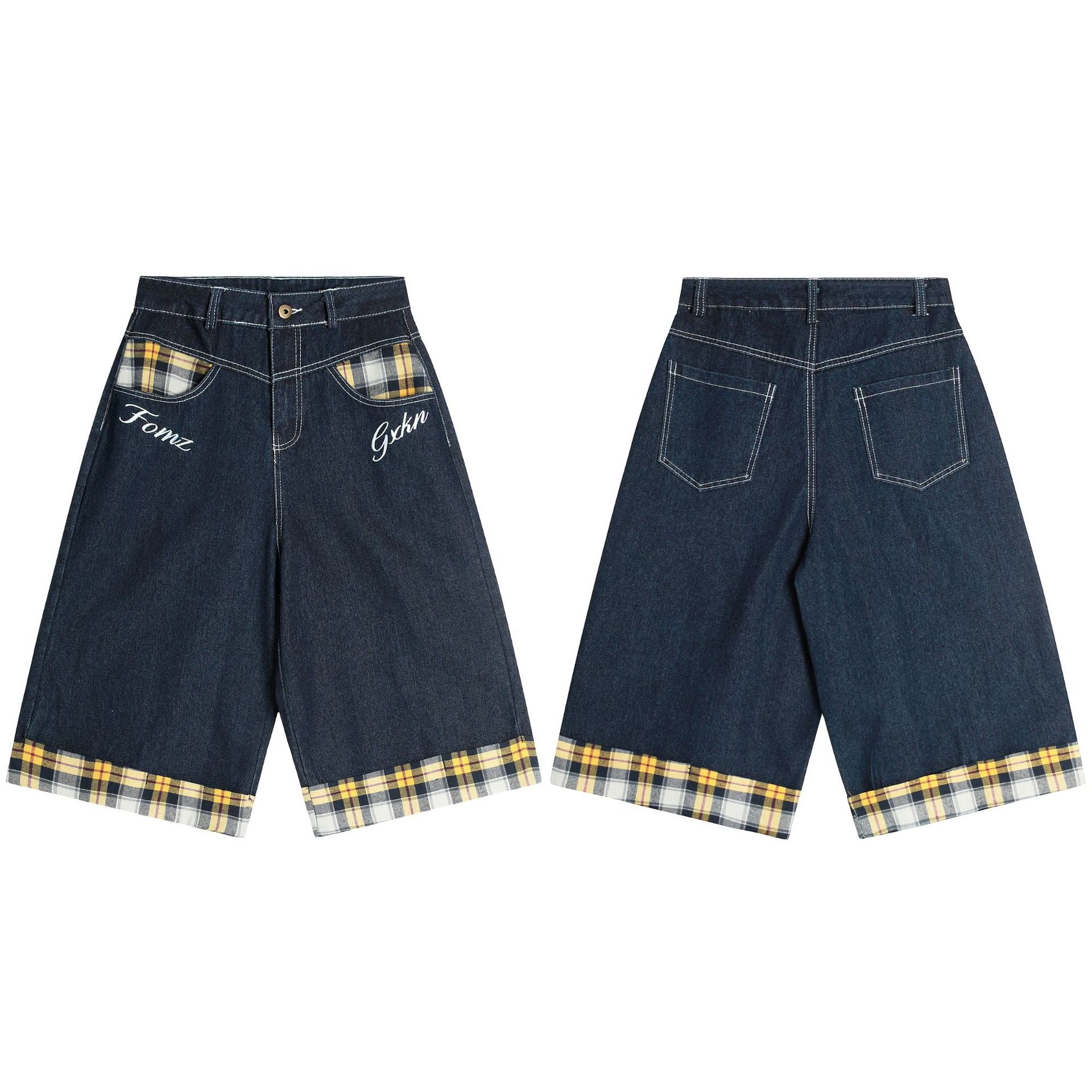 Plaid Accent Wide-Leg Denim Shorts