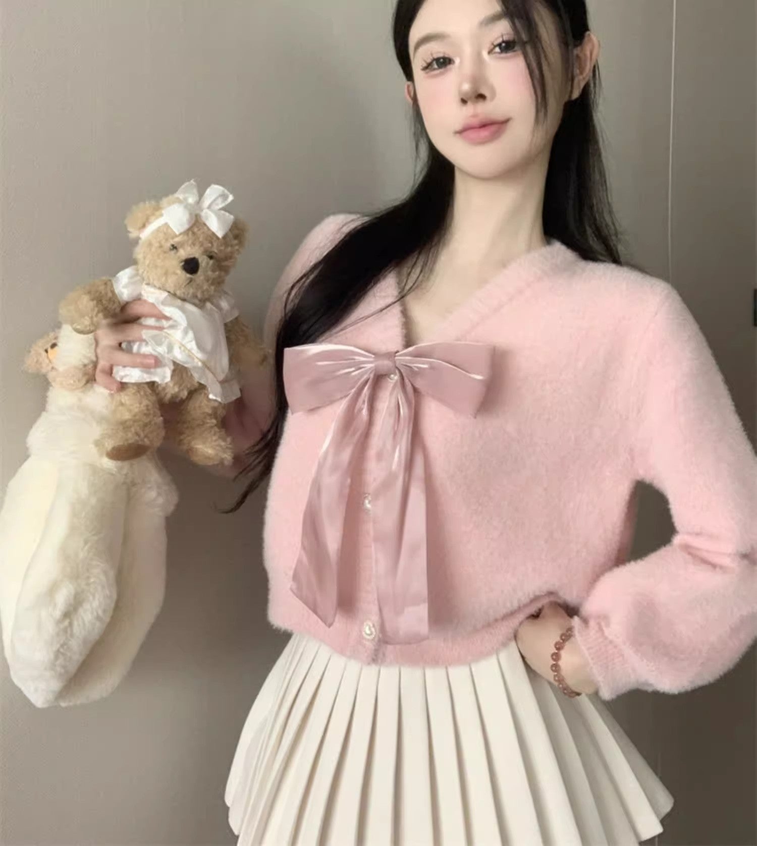 Blush Luxe – Faux Mink Bow Cardigan