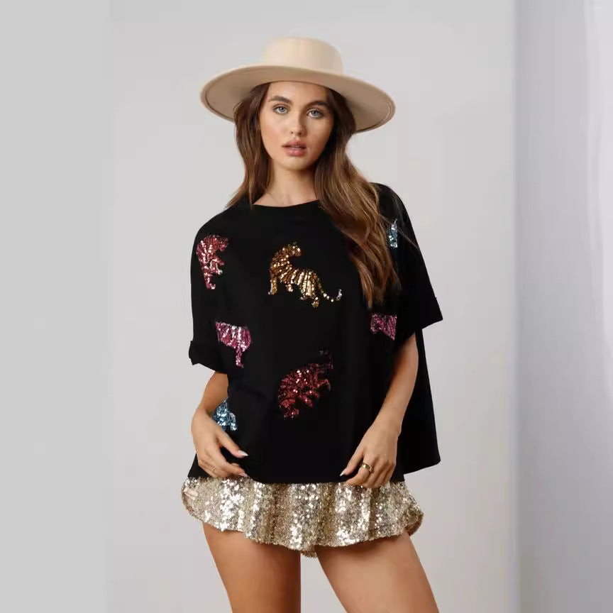 T-shirt décontracté à paillettes tigre