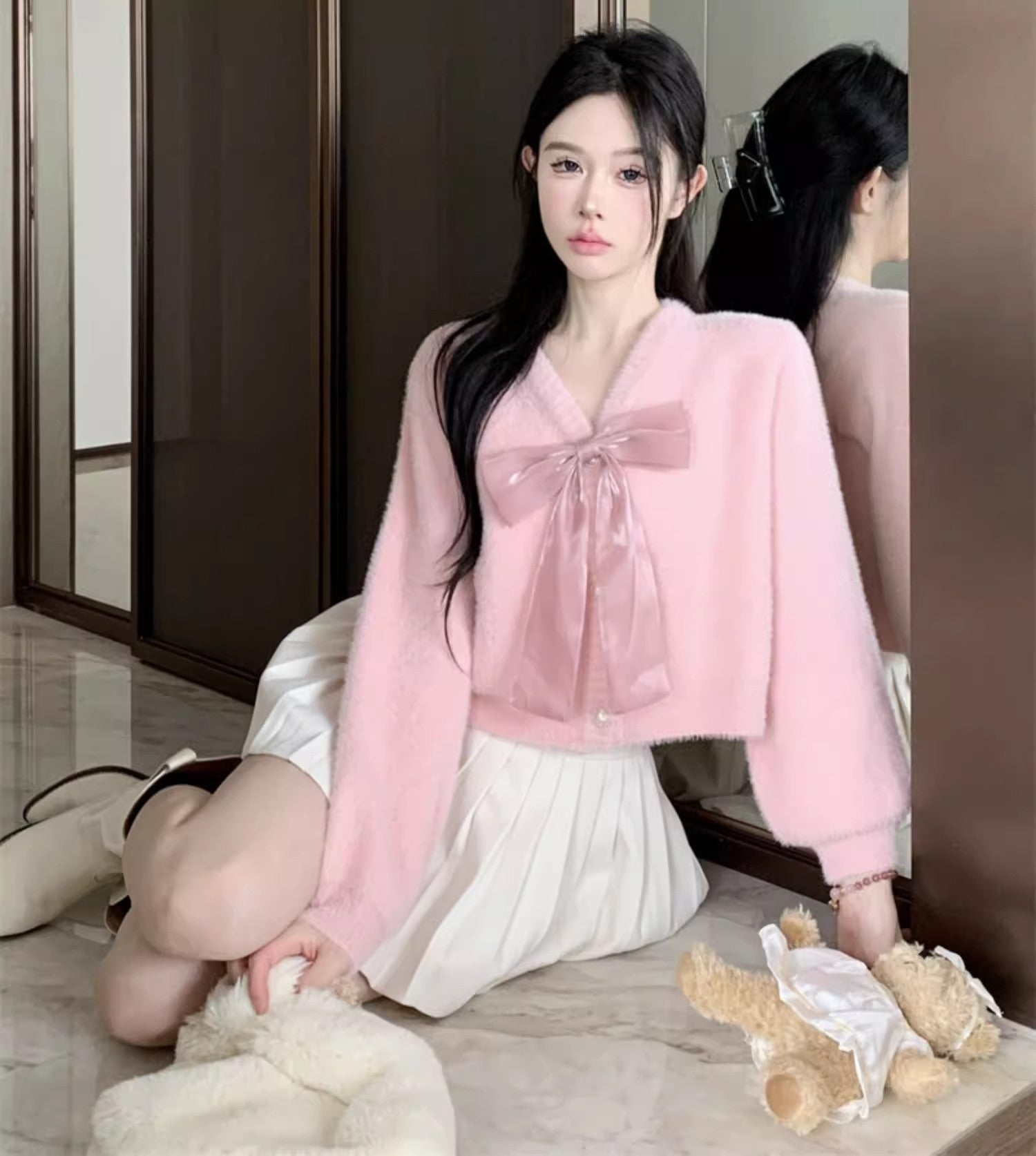 Blush Luxe – Faux Mink Bow Cardigan