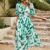 Robe longue imprimée à manches courtes et col en V – Mode vacances d'été à la plage