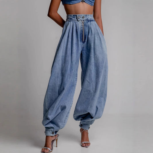 High Waist Zipper Denim Loose  Pants