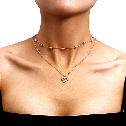 Double-Layer Heart Pendant Fine Chain Necklace for Women - Gold Color Multilayer Metal Fashion Jewelry