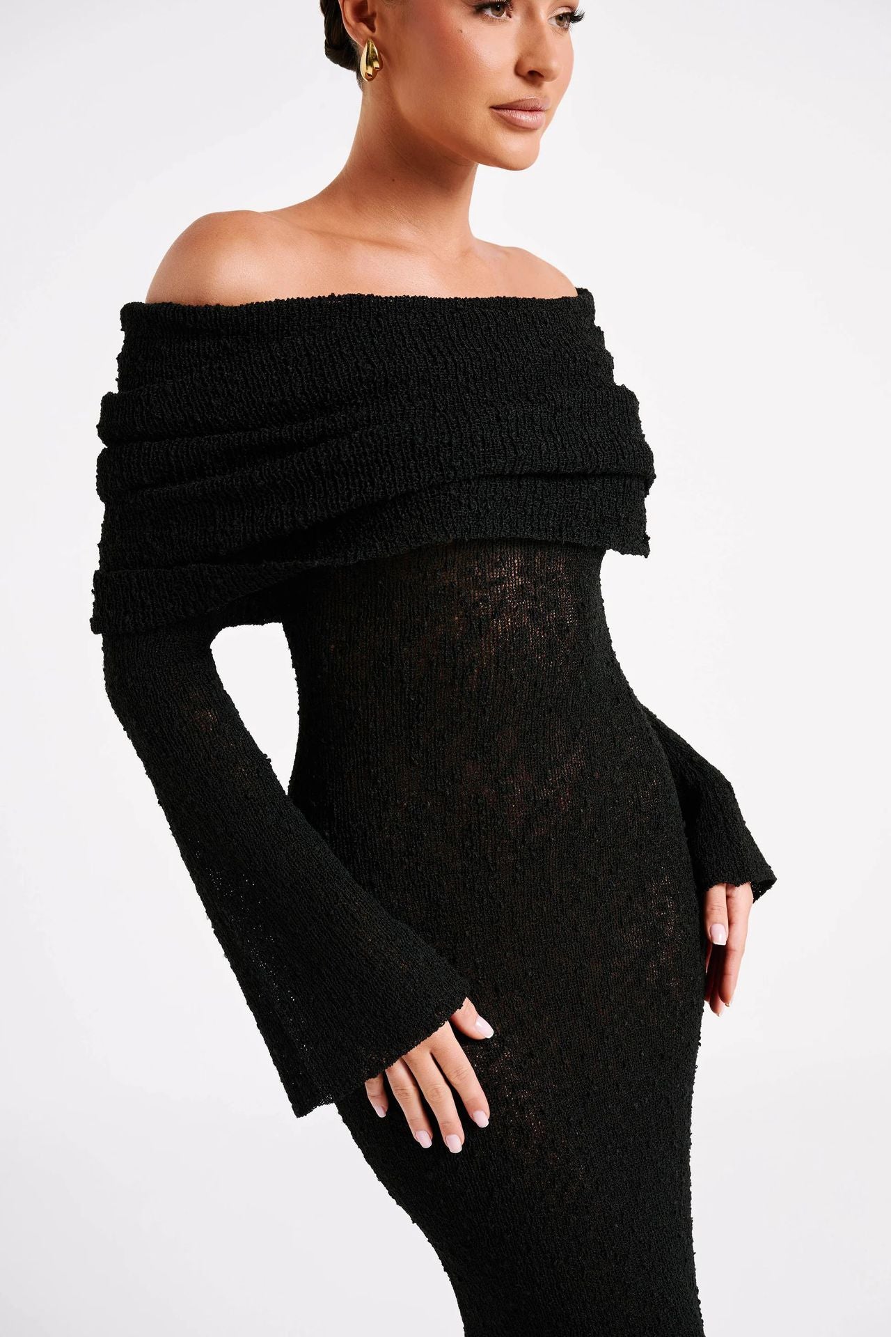 One-Shoulder Knitted Maxi Dress -Chic Long-Sleeve Beach Holiday Dress