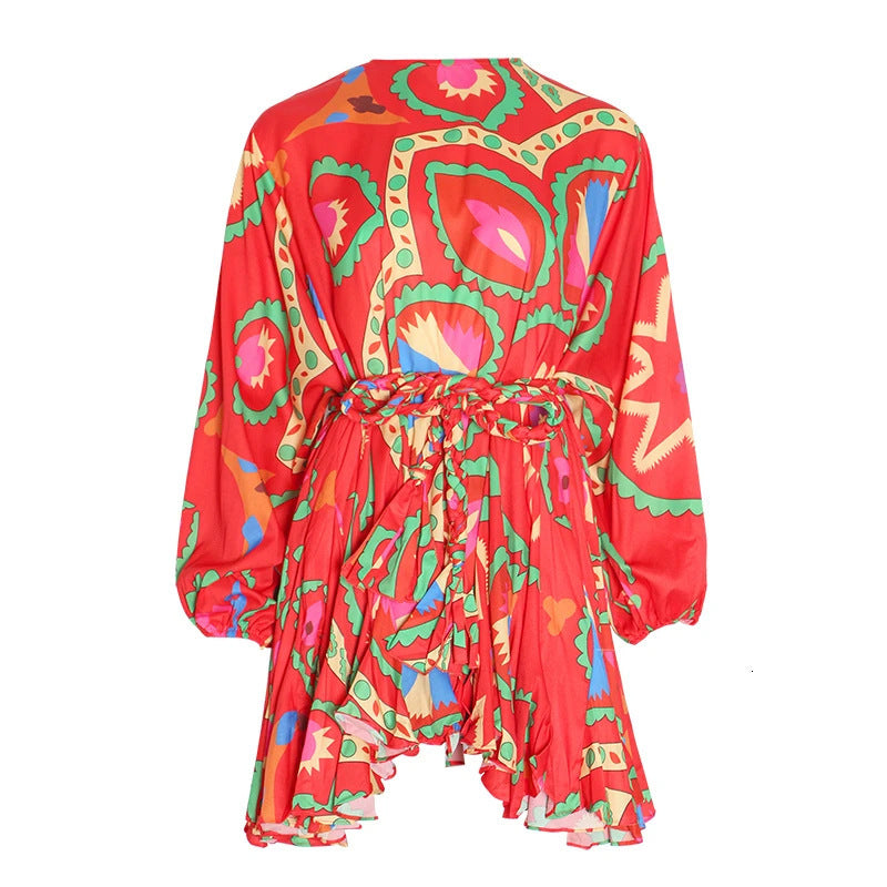 Enchanted Whimsy Lace-Up Lantern Sleeve Dress