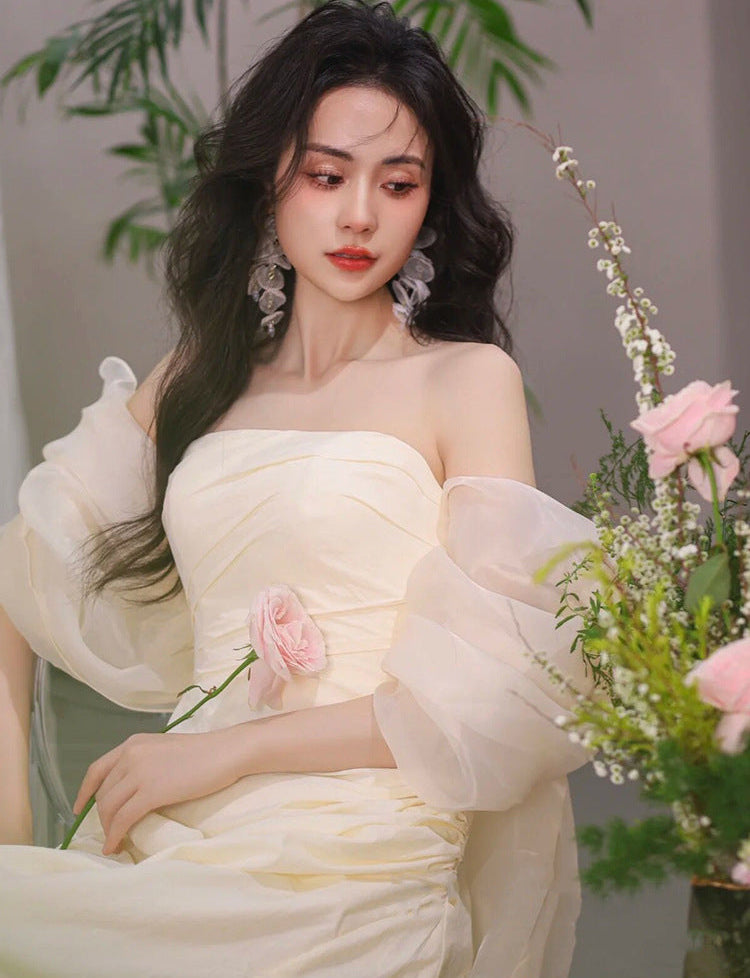 Milky White Tube Top Long Wedding Dress