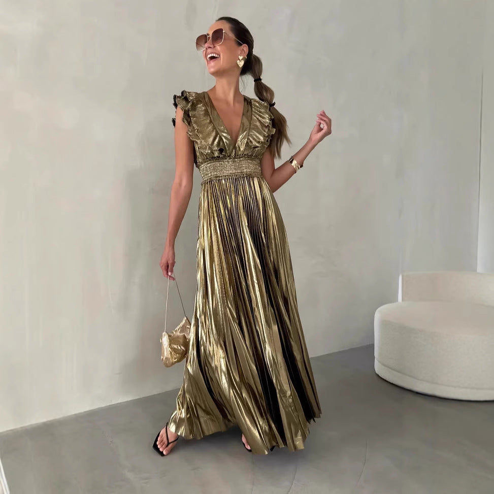 Robe d'été sexy plissée à col en V pour femme