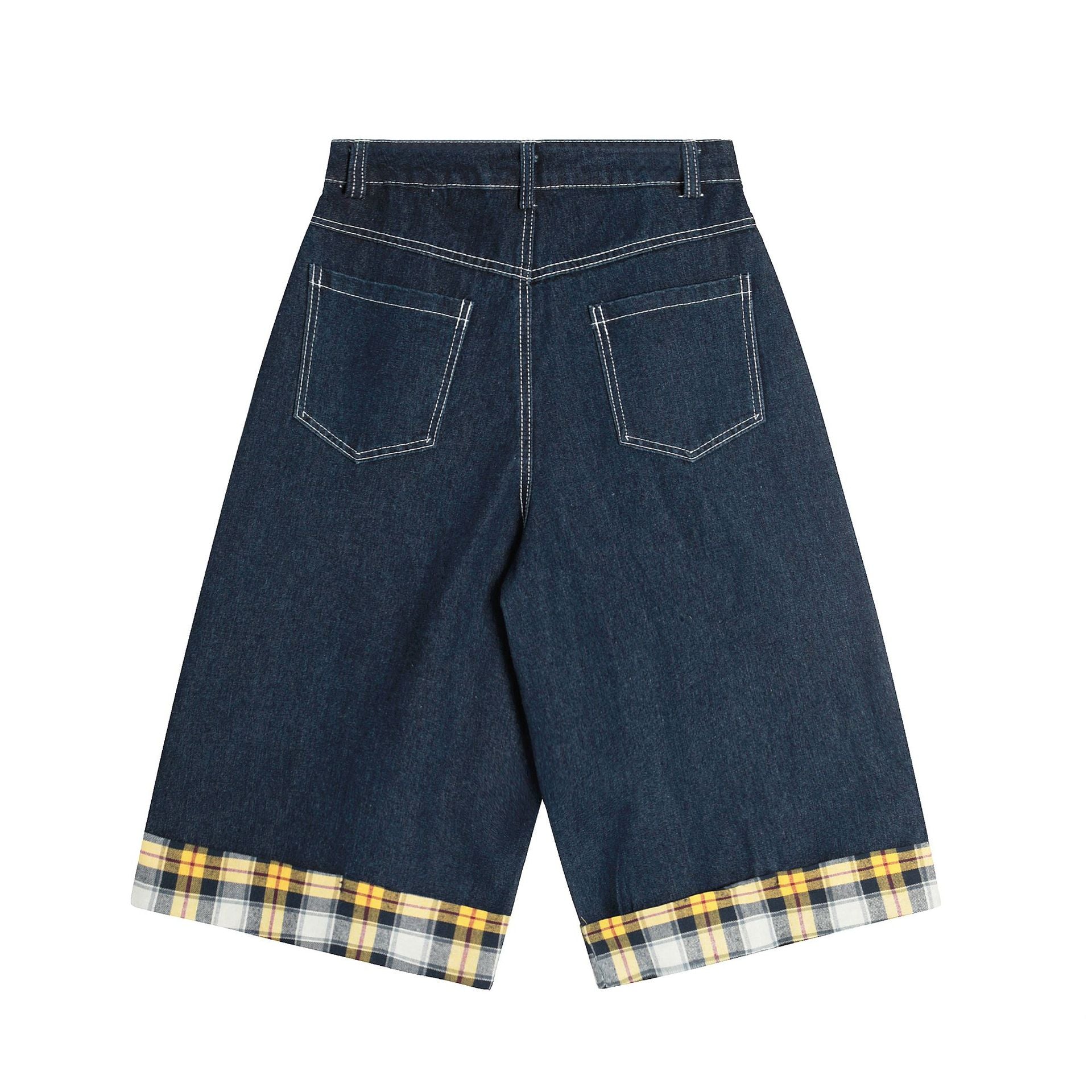 Plaid Accent Wide-Leg Denim Shorts