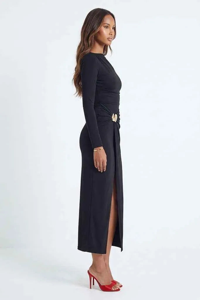 Ruched Slit Long-Sleeve Bodycon Dress