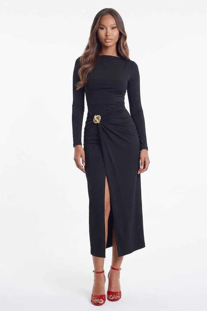 Ruched Slit Long-Sleeve Bodycon Dress